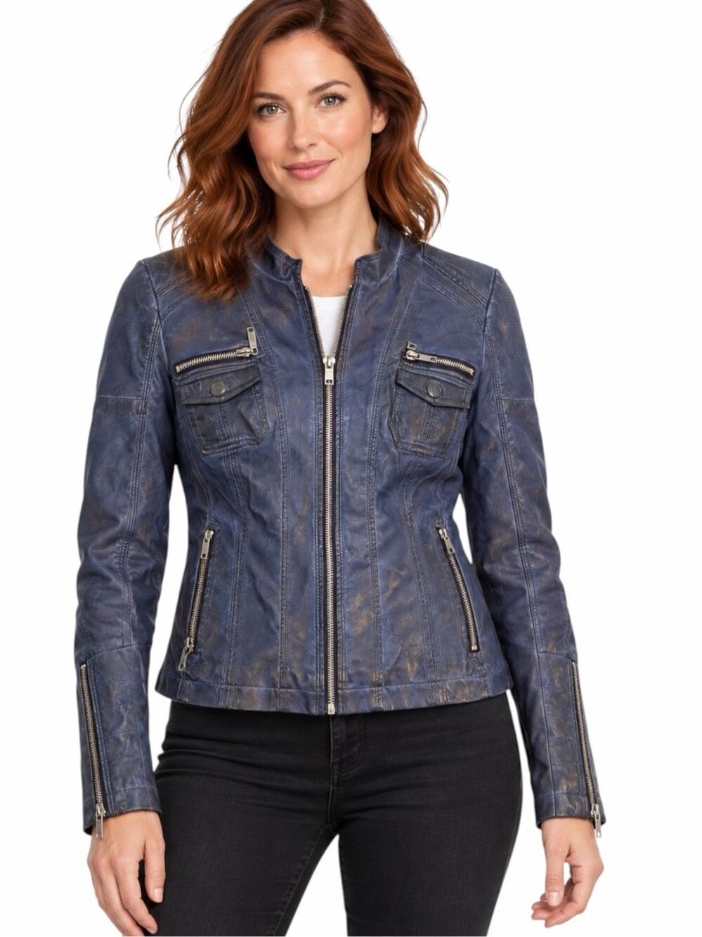 JOU JOU Faux Leather Moto Jacket Distressed Navy Blue Zip Front Small Rare